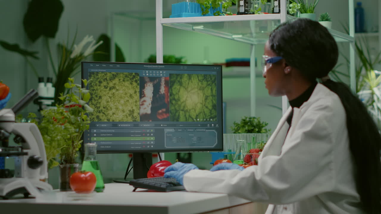 Biologist researcher typing gmo expertise on computer
