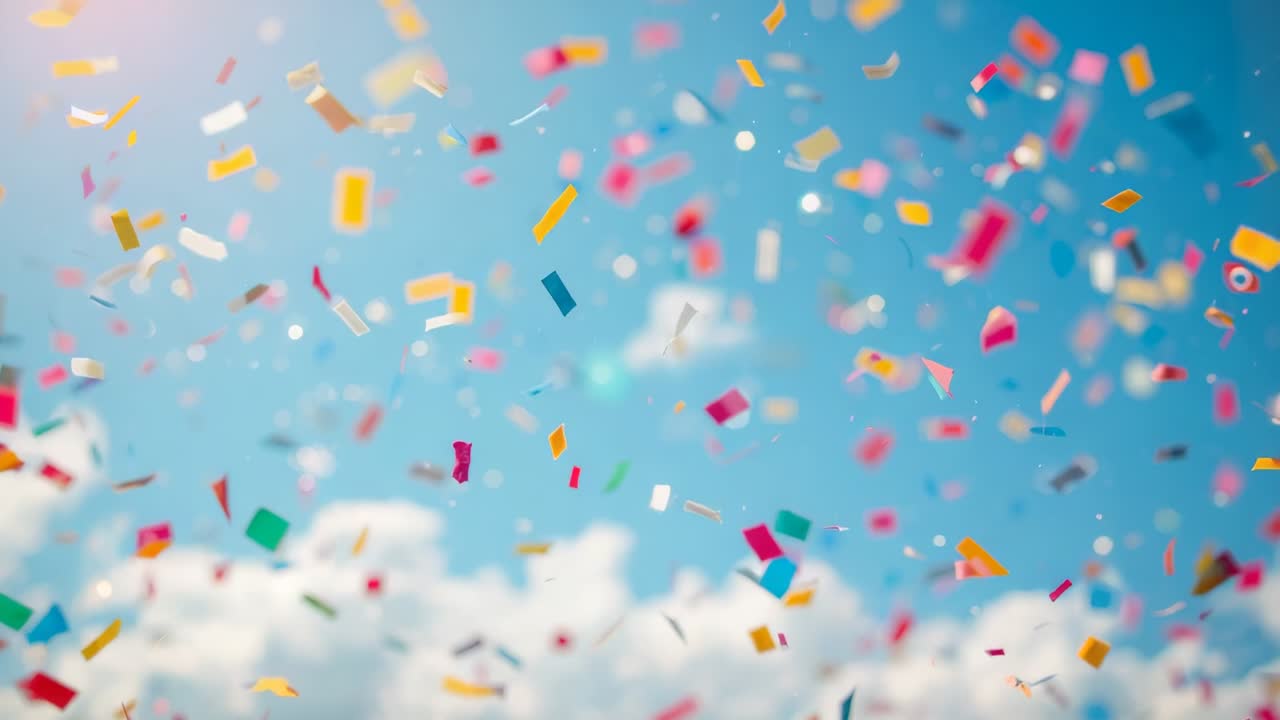 Falling confetti being released above toward lens against blue sky, cloud bank, sun glare