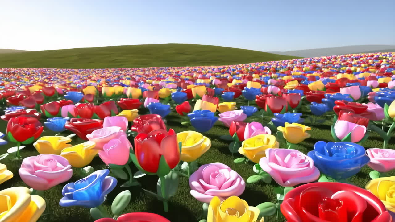 A vibrant field of colorful roses under a clear sky