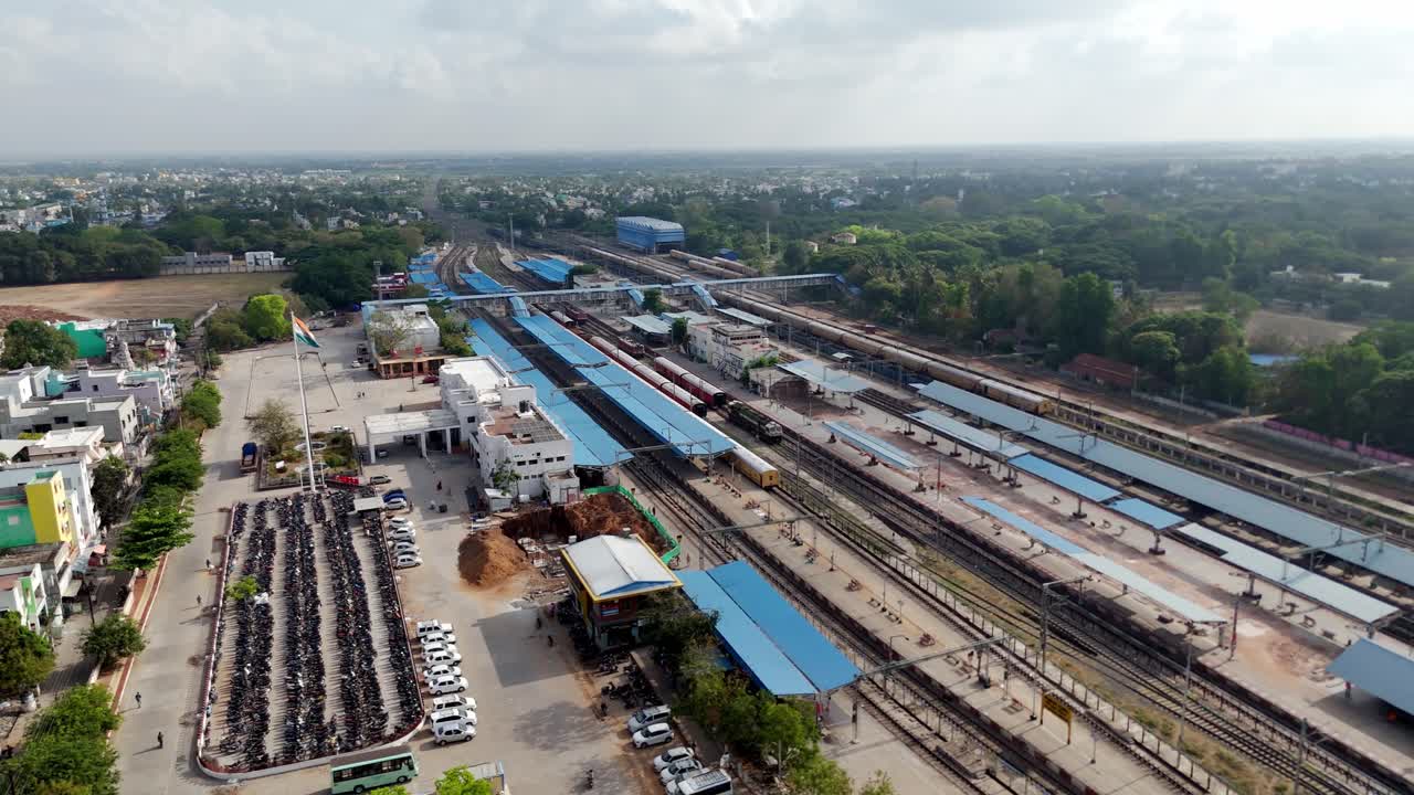 Close-up aerial drone shot of train station shot in early morning