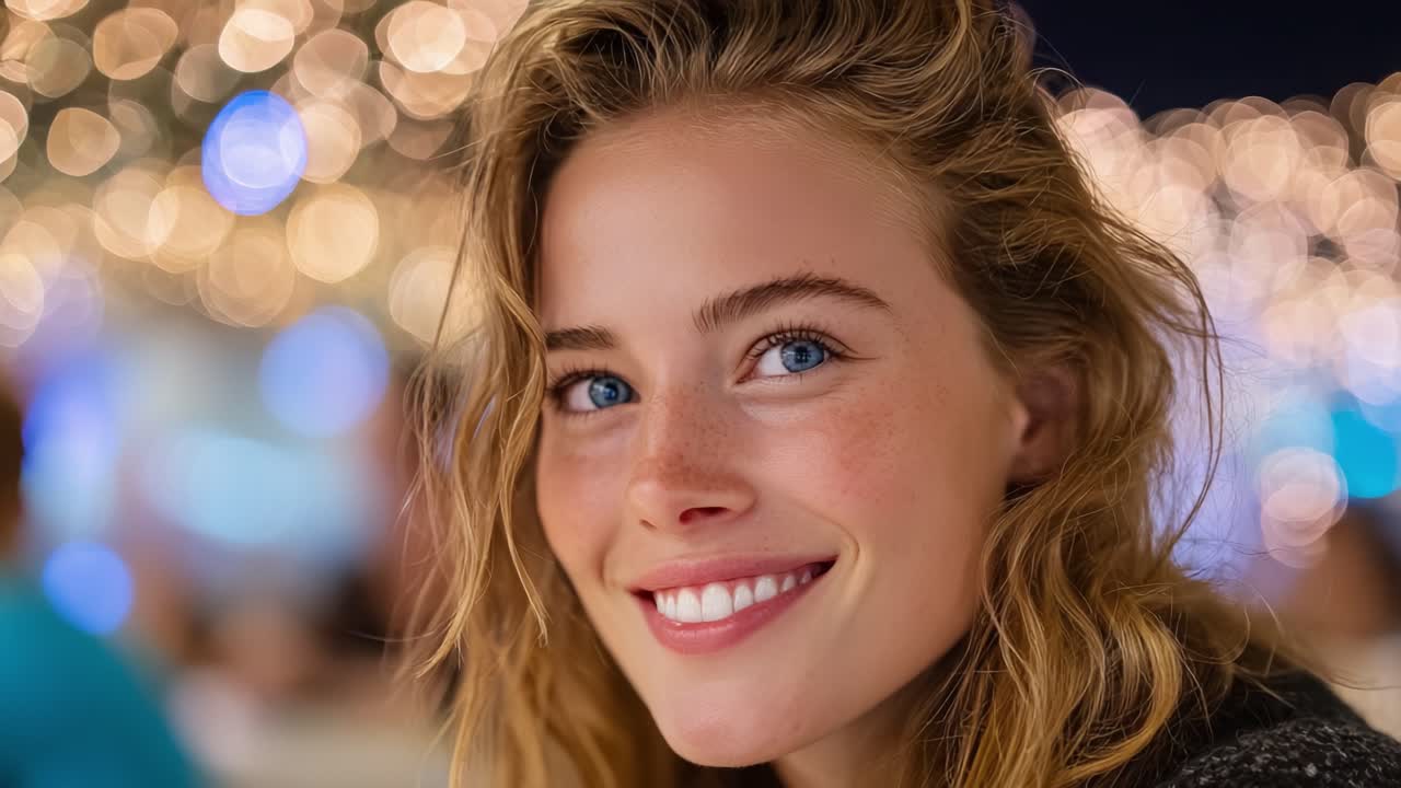 Captivating Smile: A Beautiful Young Woman's Joyful Expression Amidst a Bokeh of Lights and Soft Background, Radiating Happiness and Positivity in a Warm Setting