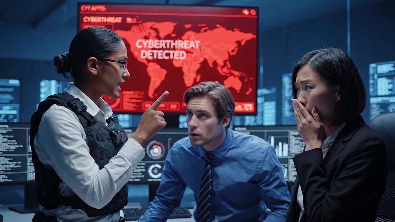 Intense Cybersecurity Meeting: Analysts Discuss Critical Threats While Monitoring Global Cyber Activity in High-Tech Command Center Environment
