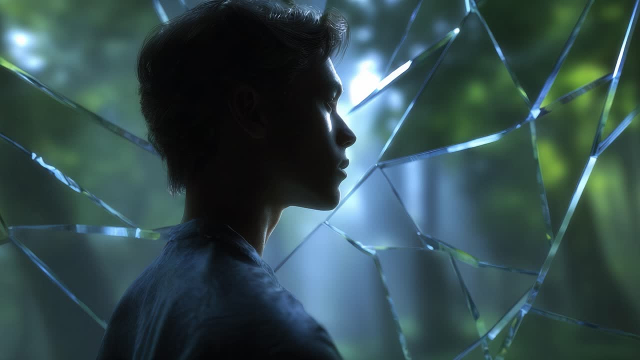 A contemplative figure's silhouette framed by shattered glass in a serene forest, evoking emotions of introspection and surreal beauty amidst nature's splendor