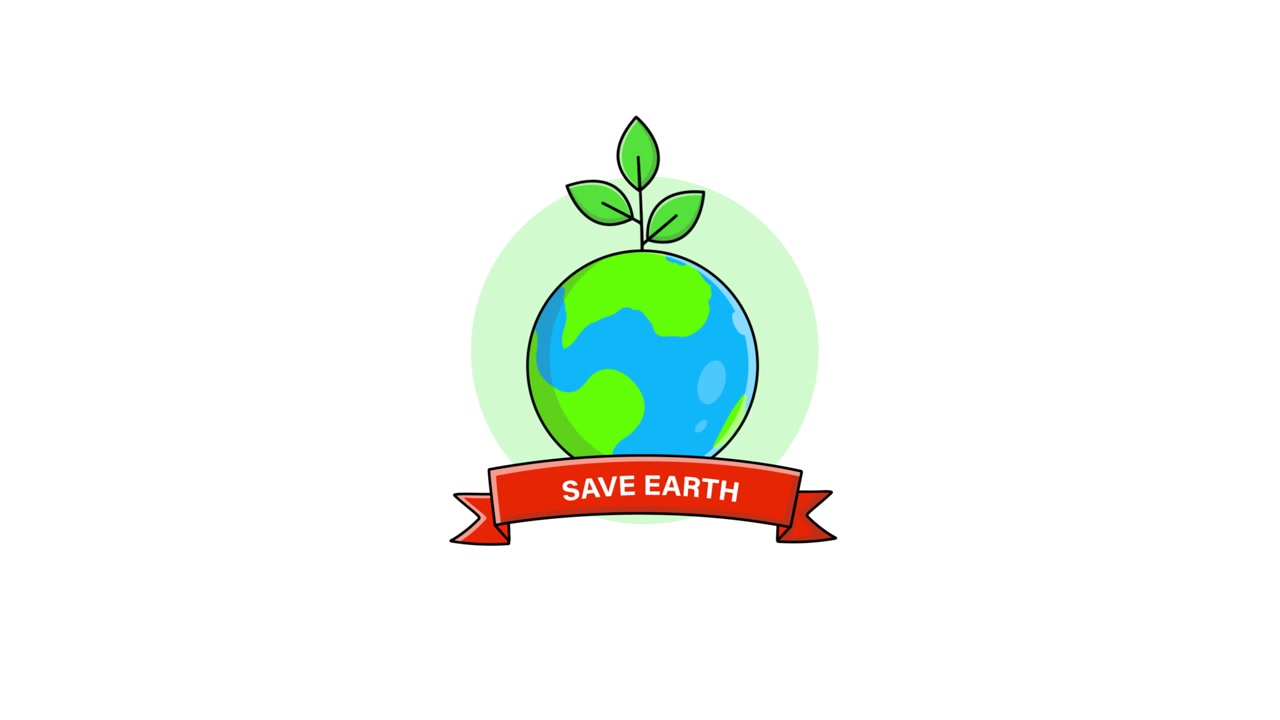 Illustrazione animata della Terra con pianta e striscione "Salva la Terra"