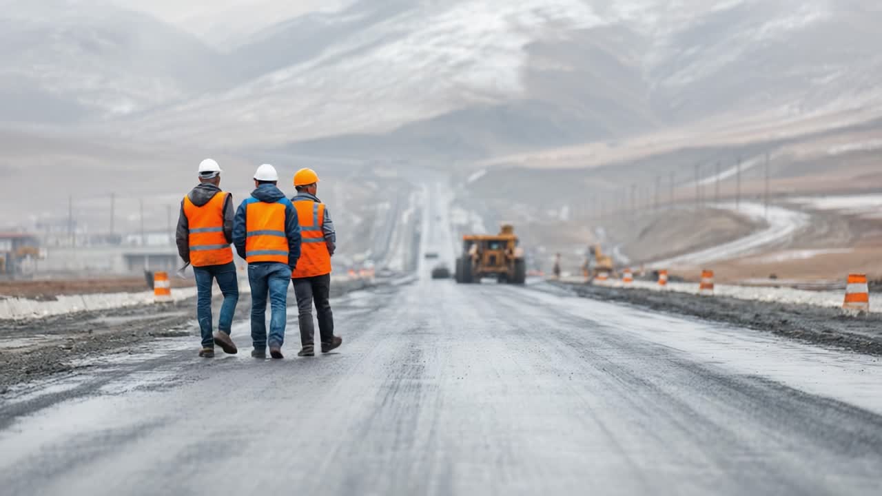 Three Construction Workers in Safety Gear Assessing Road Progress on a Gloomy Day, with Machinery in the Background and a Long Stretch of Newly Laid Asphalt Ahead