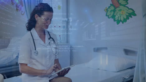 animation of data processing over happy caucasian female doctor using tablet in hospital