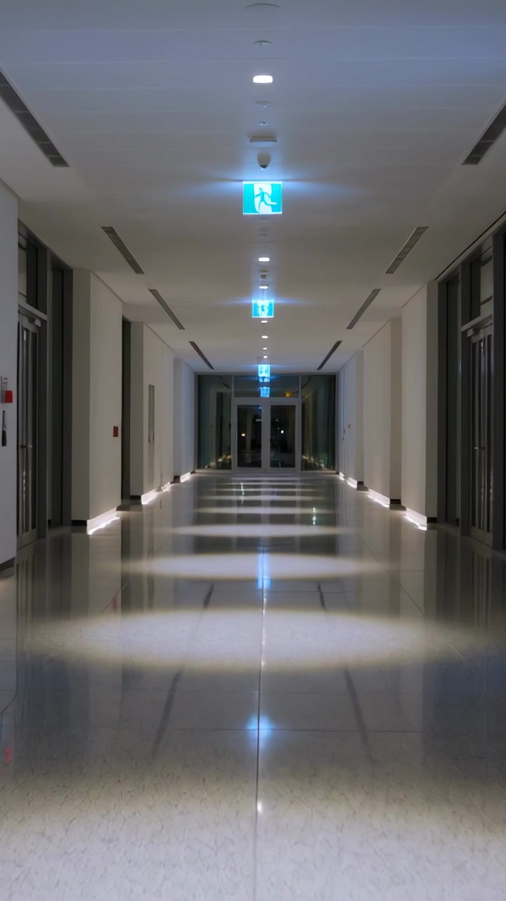 Video verticale: Telecamera che riprende un lungo corridoio in un ufficio moderno fino a porte a vetri con insegne verdi di uscita.