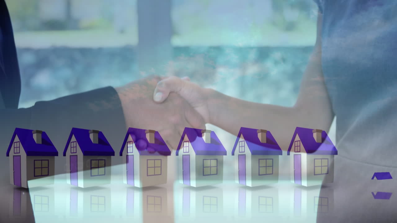 animación de iconos de la casa contra la sección media de hombre de negocios y mujer de negocios estrechando la mano