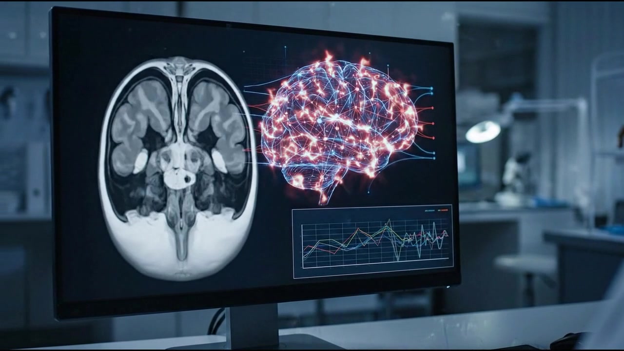 MRI-skive af hjernen ved siden af en blå neurologisk model på en klinisk diagnostisk skærm