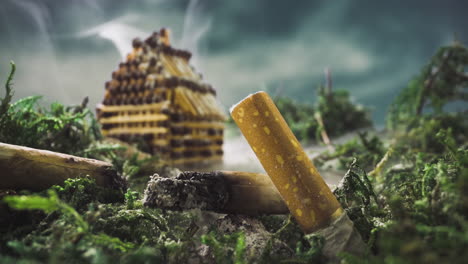 escenario con cigarrillos contra la casa en el humo en la madera
