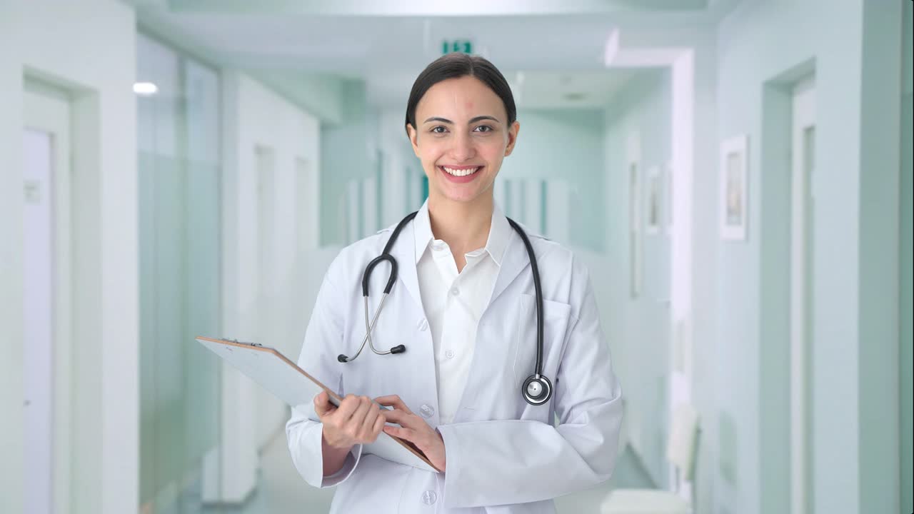 Feliz doctora india escuchando a un paciente