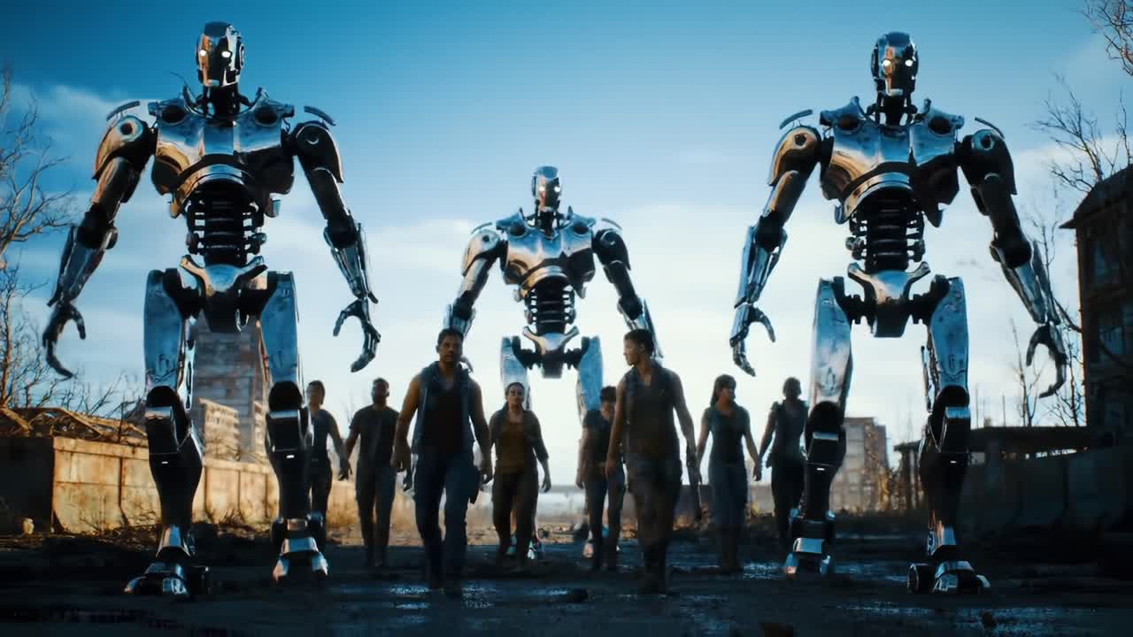 In a dystopian landscape, futuristic humanoid robots stride alongside a determined group of survivors, merging technology and humanity in an epic confrontation against darkness
