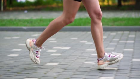 Female athlete&#039;s feet running at the park. Fitness woman jogging outdoors. Exercising on park pavement. Healthy, fitness