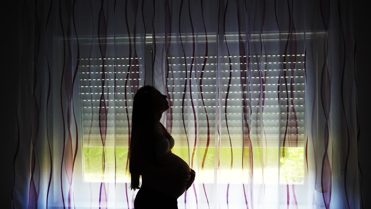 Silhouette of pregnant woman at the window
