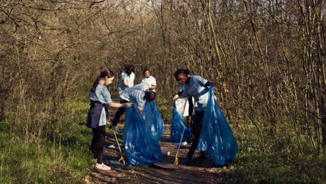 group of volunteers working to clean the forest from garbage