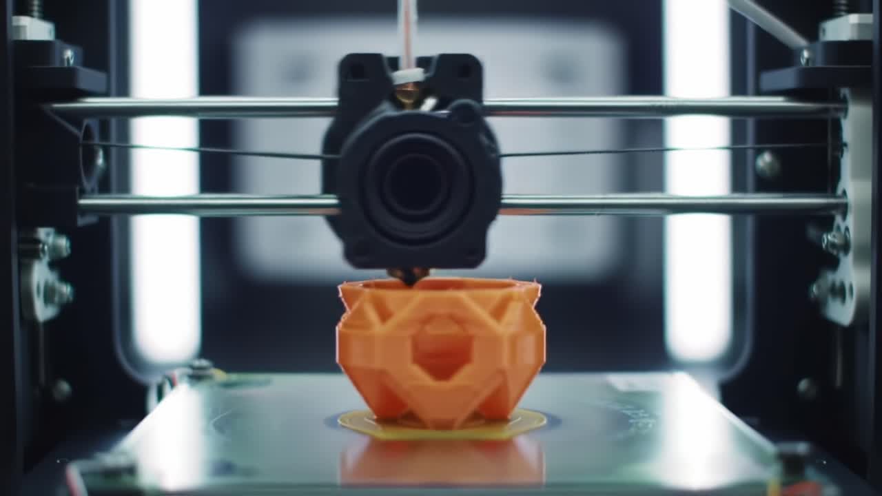 A Close-Up View of an Advanced 3D Printer Creating an Intricate Geometric Design in Vibrant Orange as the Process Unfolds Layer by Layer