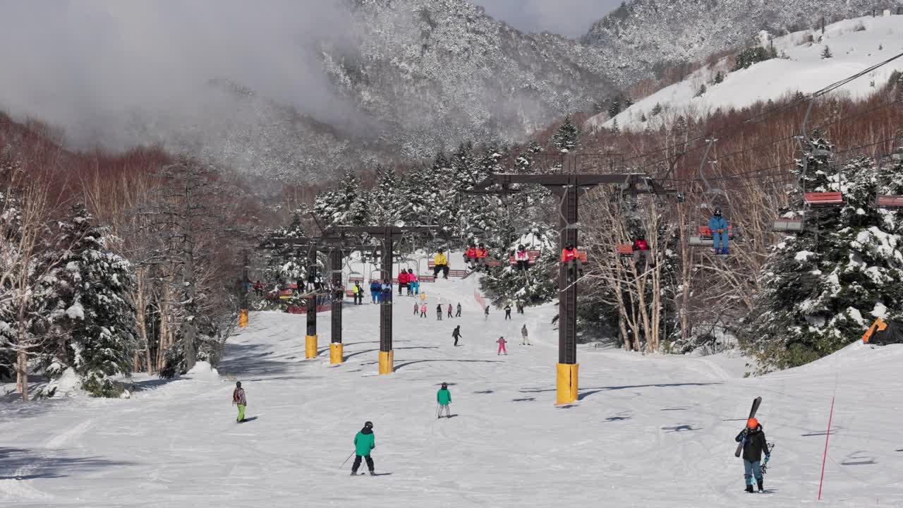 Busy ski resort landscape with active chairlifts and snow-covered trees