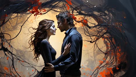romantic couple embraced in a mystical forest surrounded by vines at dusk