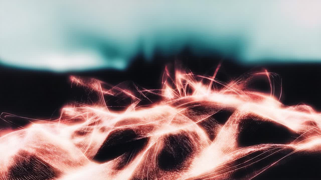 Glowing red particles creating an undulating, futuristic, and abstract landscape against a dark background, evoking concepts of data, energy flow, and technological networks in a dynamic animation