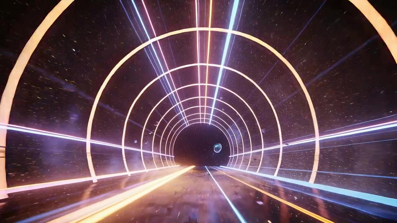 镜头在太空中飞速穿过霓虹光环隧道，隧道内有发光路径，碎片显露出行星。