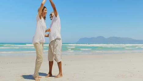 Vista-Lateral-De-Una-Pareja-Romántica-Y-Activa-De-Afroamericanos-Mayores-Bailando-Juntos-En-La-Playa-4k