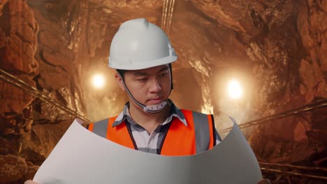 close up of asian male engineer with safety helmet looking at blueprint in his hands and looking around while standing in underground mine tunnel