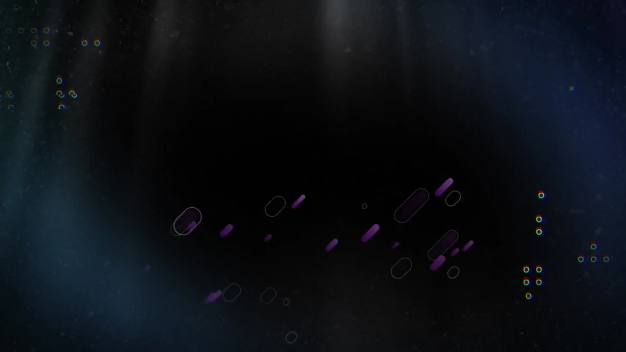 Animation of purple light trails over dots, crosses and data processing on black background