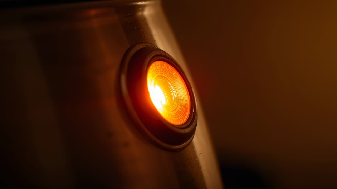 Video verticale: Accensione, luce arancione che si intensifica sulla cornice in acciaio spazzolato al bancone, indicando calore