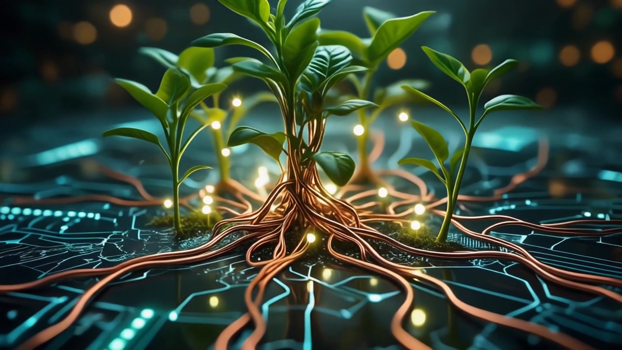 Green Plant Growing from Digital Circuit Board with Glowing Connections