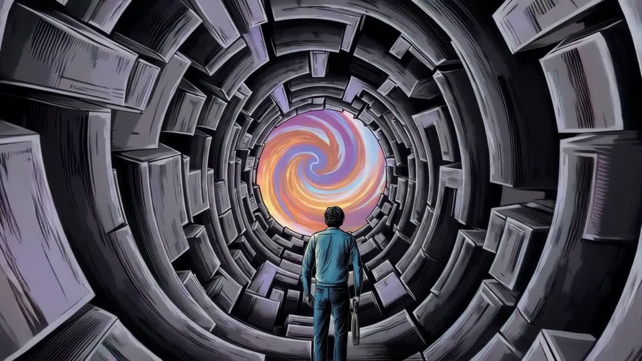 Person looking into a swirling colorful portal at the end of a dark tunnel
