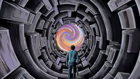 person looking into a swirling colorful portal at the end of a dark tunnel