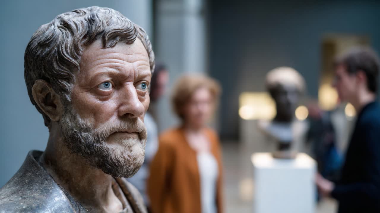 Un busto imponente di una figura storica tra i visitatori del museo, che cattura l'essenza dell'arte e della storia in uno spazio espositivo moderno.