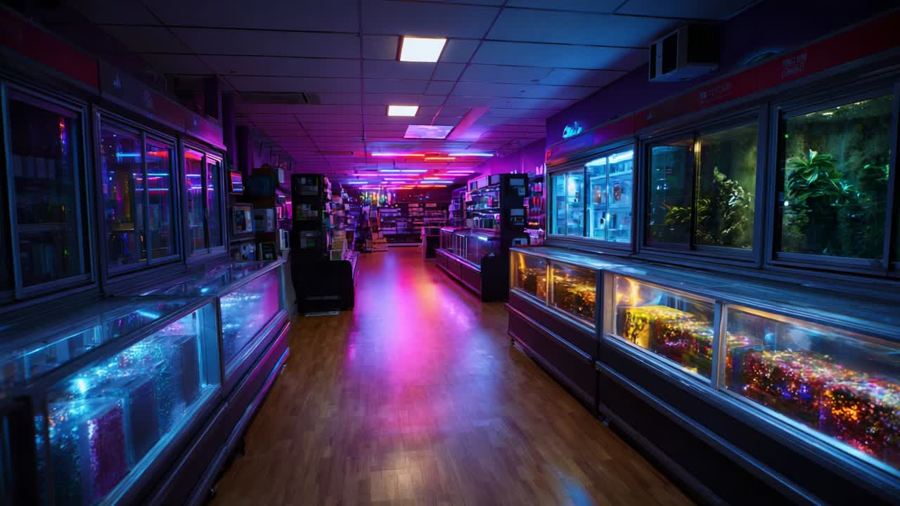Vibrant Corridor of Aquatic Displays: A Journey Through a Modern Fish Store Bathed in Neon Lights, Encased Aquariums, and Reflective Surfaces Illustrating a Contemporary Retail Experience