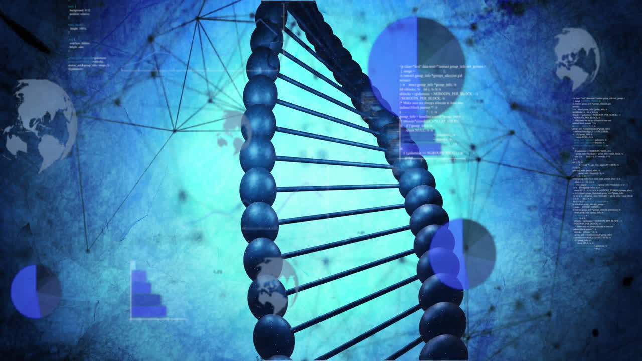 Animation of scientific data processing over dna strand spinning