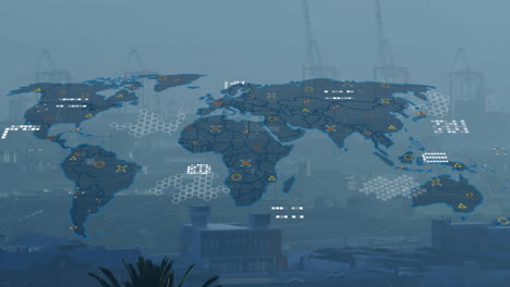 world map with data points and connections animation over industrial cityscape