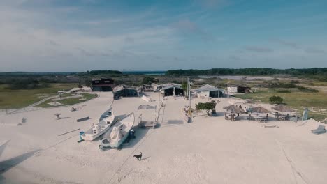 Asentamiento-Comunidad-Pesquera-Postes-De-Luz-Solar,-Cabañas-De-Madera-Y-Techo-De-Hojalata-En-La-Isla-Caribeña-Con-Perro-Corriendo,-Vista-Aérea