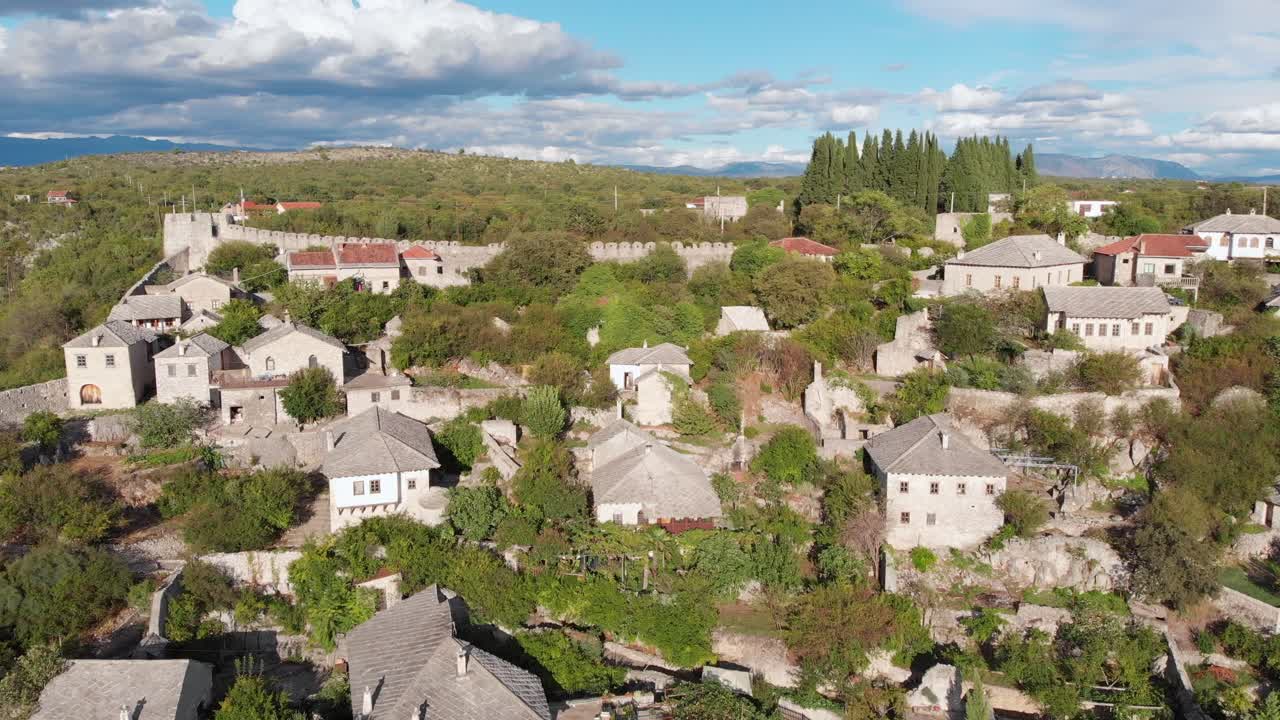 Aerial: drone flying over the Počitelj fortress, in Bosnia and Hercegovina.