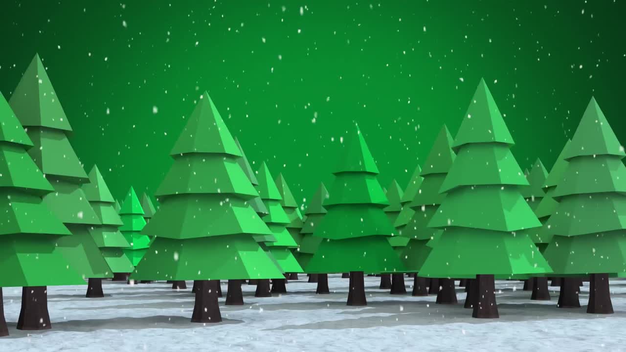 Digital animation of snow falling over rows of multiple trees on winter landscape