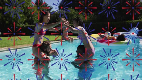 animation of fireworks icons over diverse friends playing at pool party