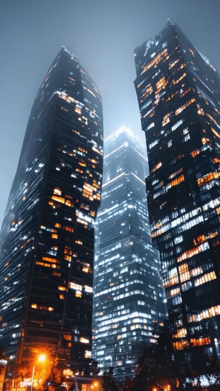 Deslumbrante Horizonte Urbano à Noite: Uma Vista Cativante de Arranha-Céus Modernos Iluminados por Luzes da Cidade em Meio a uma Atmosfera Nebulosa
