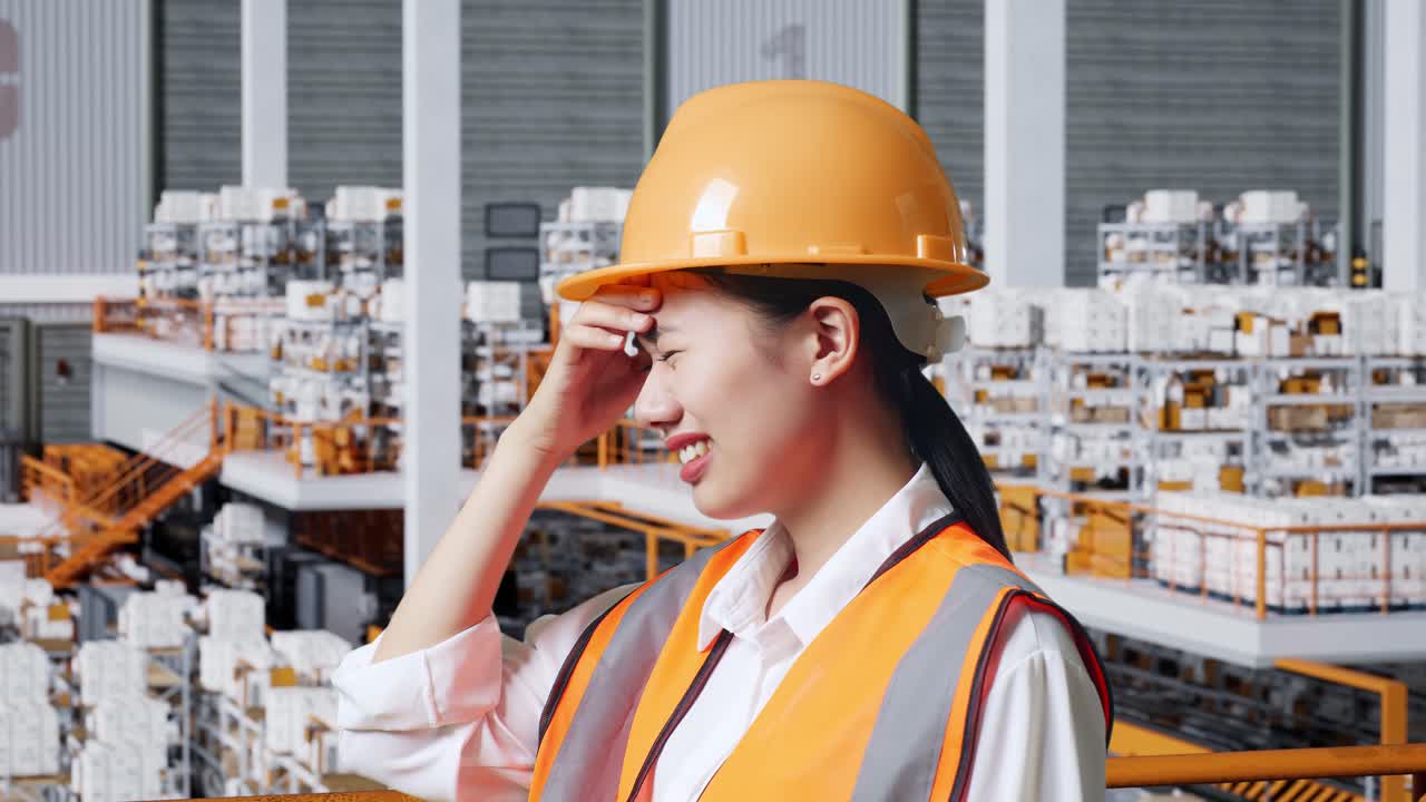 배달 물품으로 가득 찬 선반과 함께 창고에 서있는 동안 두통을 겪는 안전 헬을 입은 아시아 여성 엔지니어의 가까운 측면 뷰