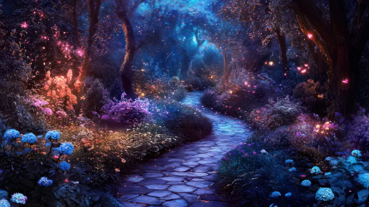 A magical forest path at night, glowing with bioluminescent plants
