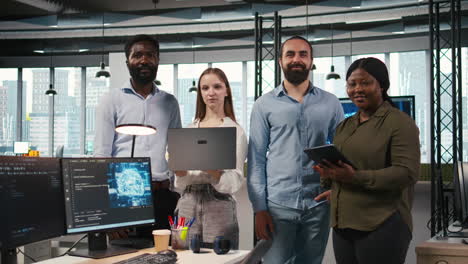 portrait of smiling teamworking programmers utilizing ai to optimize performance