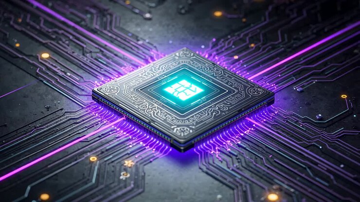 Modtagende strømforsyningsmikrochip pulserende cyan kerne på mørkt PCB, der afslører indgraveret top og lilla spor