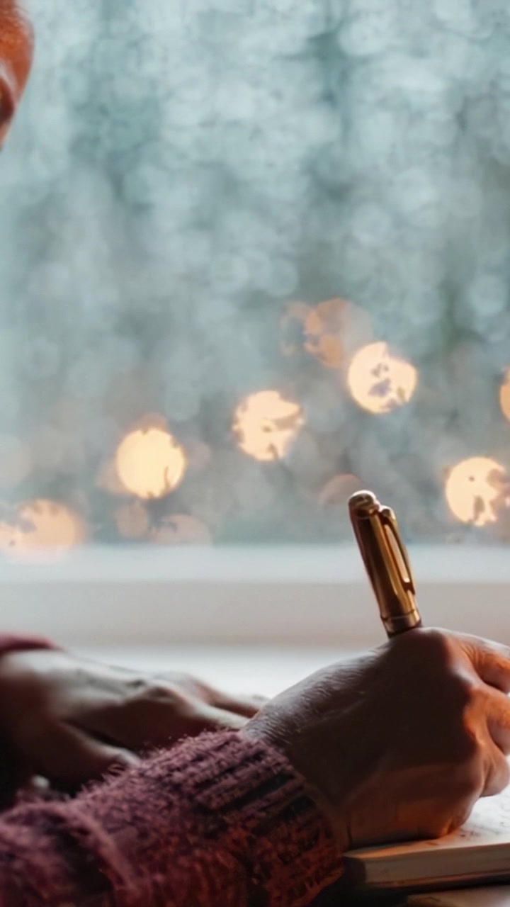 Un momento accogliente di scrittura vicino alla finestra, che cattura l'essenza della creatività e della riflessione mentre la pioggia cade dolcemente, creando uno sfondo sfocato di luci calde