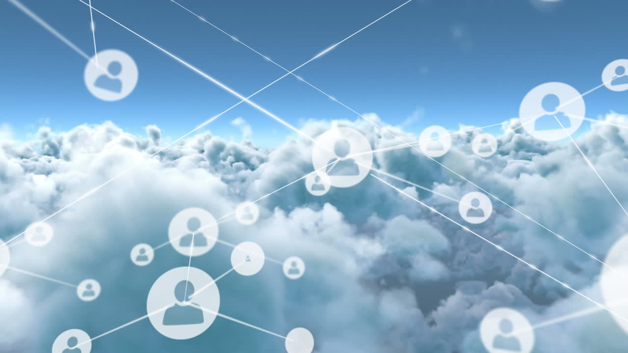 구름을 통해 사람들과 아이콘의 연결 네트워크의 애니메이션