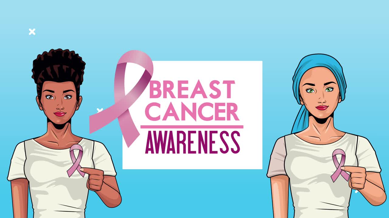 유방암 의식 달 문자와 함께 인종 간 소녀들이 분홍색 리본을 들어 올립니다.