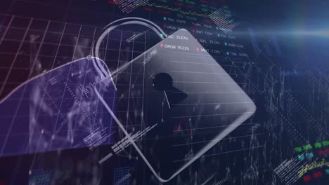 animación de datos de datos, gráficos financieros y candado digital en fondo naval