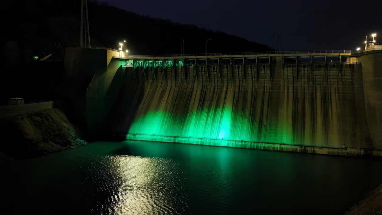 Hydroelectric Dam with Green Illumination at Night
