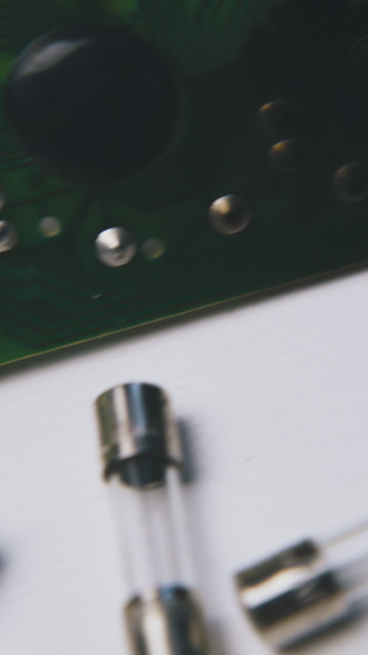 motion along small glass cartridge fuses and old chip lying on white background extreme close view